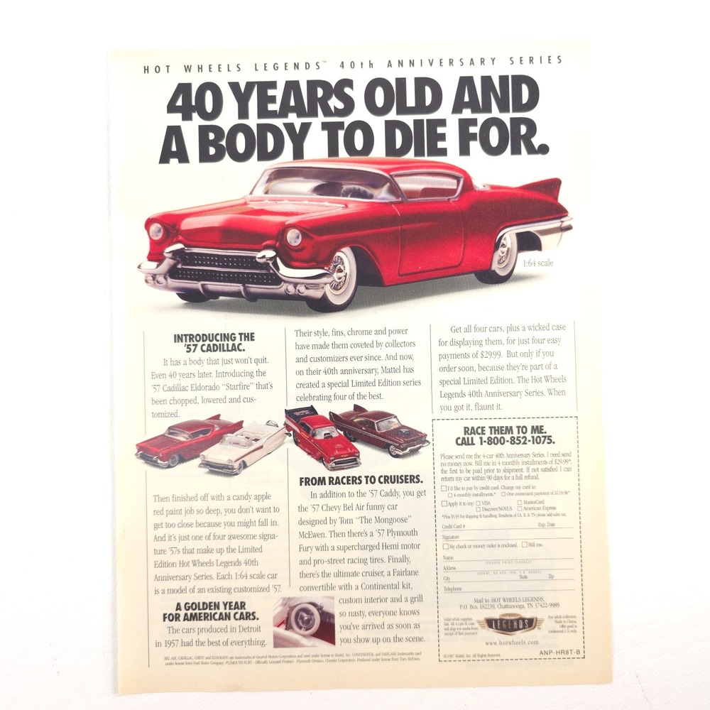 Hot Wheels Legends 1957 Cadillac Custom Diecast 40th Anniversary Print Ad